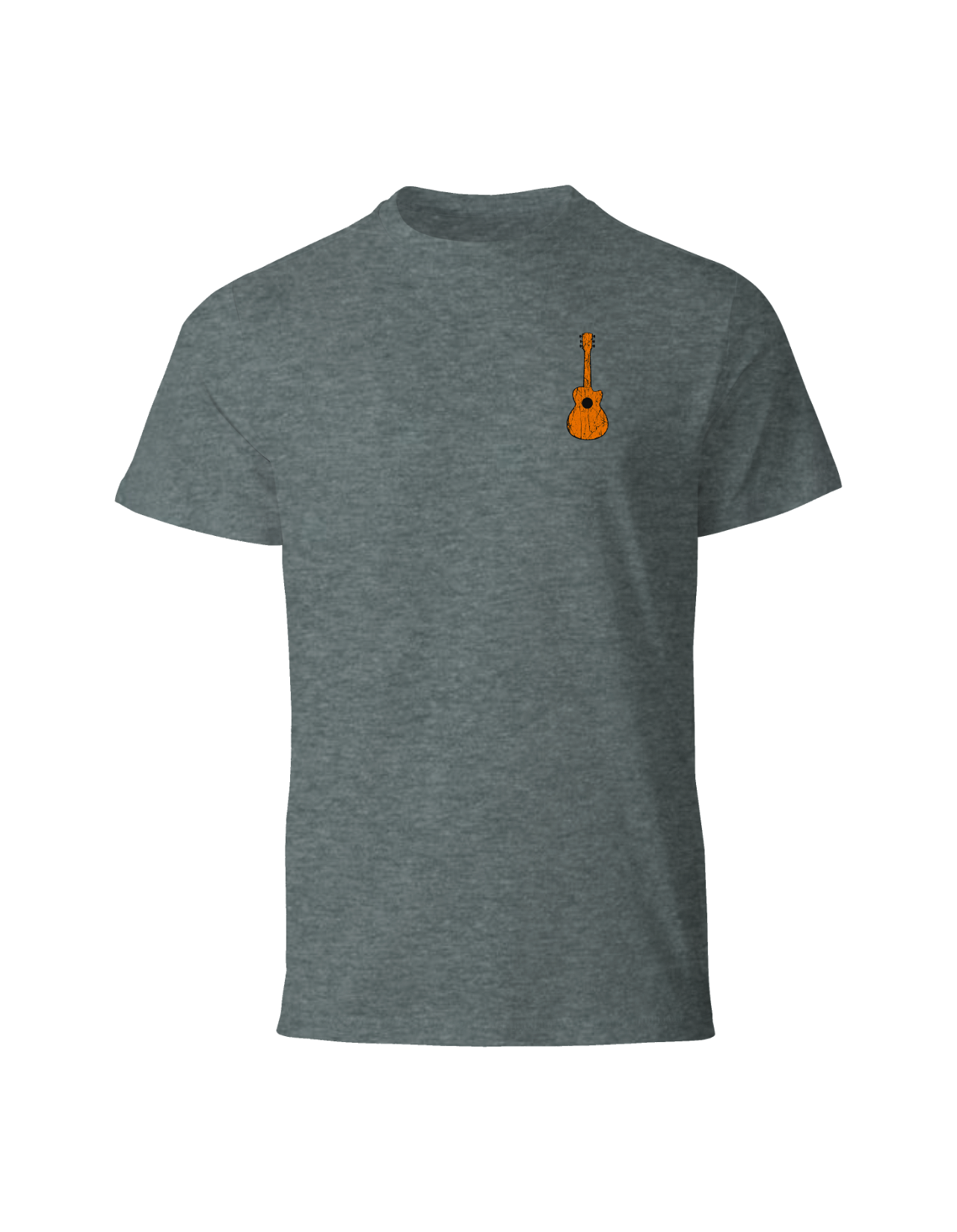 Small guitar on left pocket on a t-shirt.